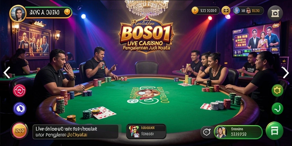 Screenshot gameplay BOS01 yang menampilkan dealer langsung dan suasana kasino.
