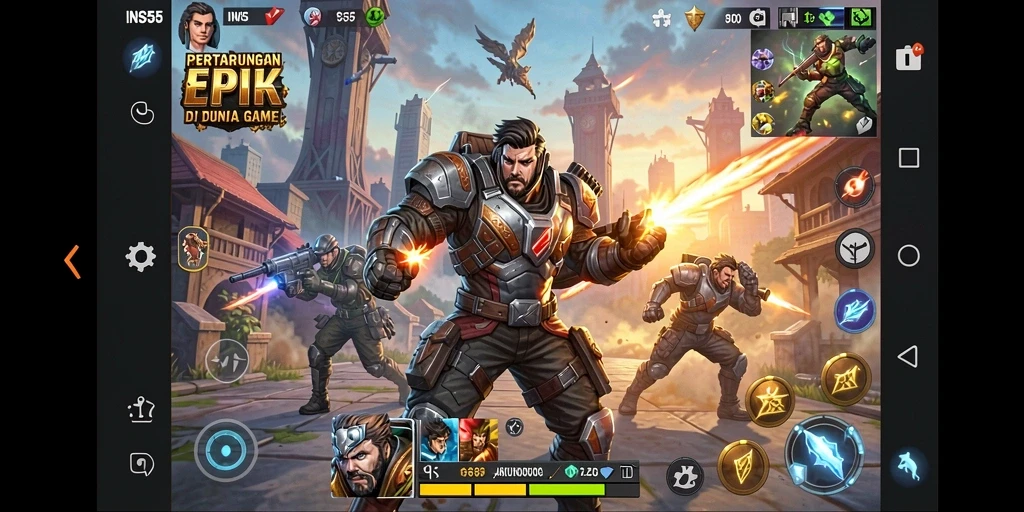 Screenshot gameplay INS55 dengan karakter bertarung di arena.