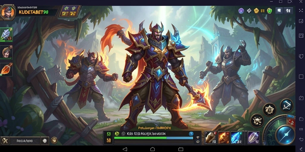 Screenshot menunjukkan karakter bertarung melawan monster dalam petualangan MMORPG.
