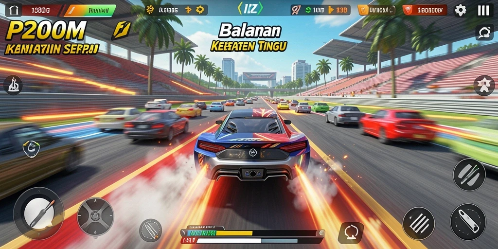 Tampilan gameplay P200M yang penuh aksi dan kecepatan tinggi.