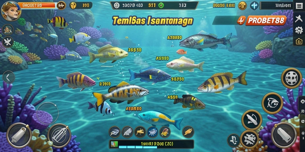 Tampilan gameplay PROBET88 dengan berbagai ikan berwarna-warni yang menunggu untuk ditembak.