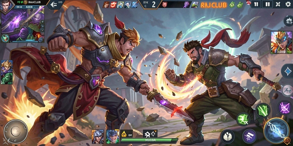 Tampilan gameplay MOBA yang seru dan penuh aksi di RAJACLUB.