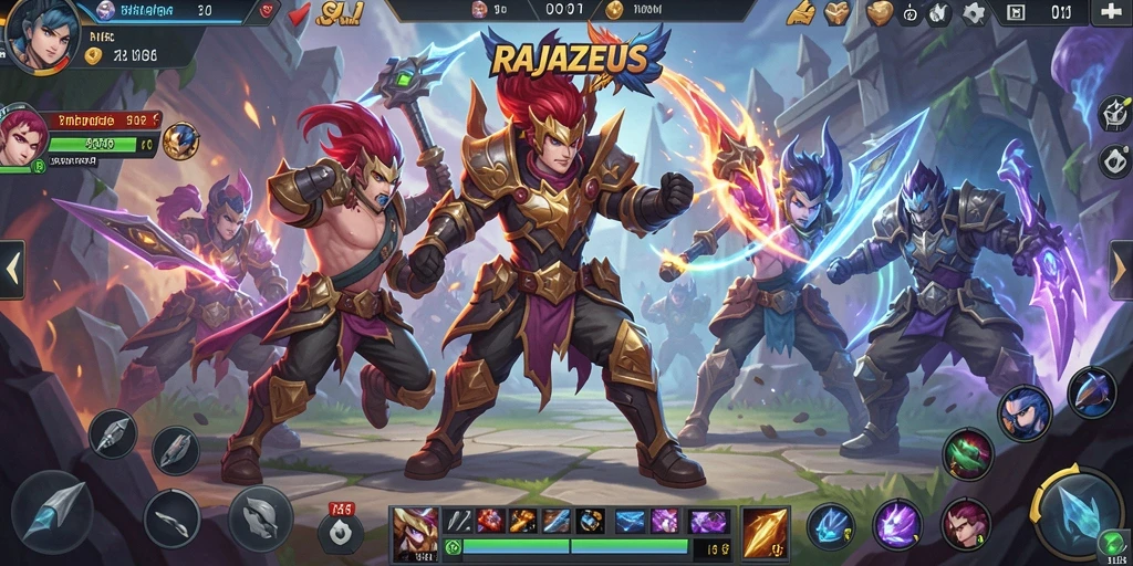 Screenshot gameplay RAJAZEUS menampilkan pertempuran epik dalam arena MOBA.