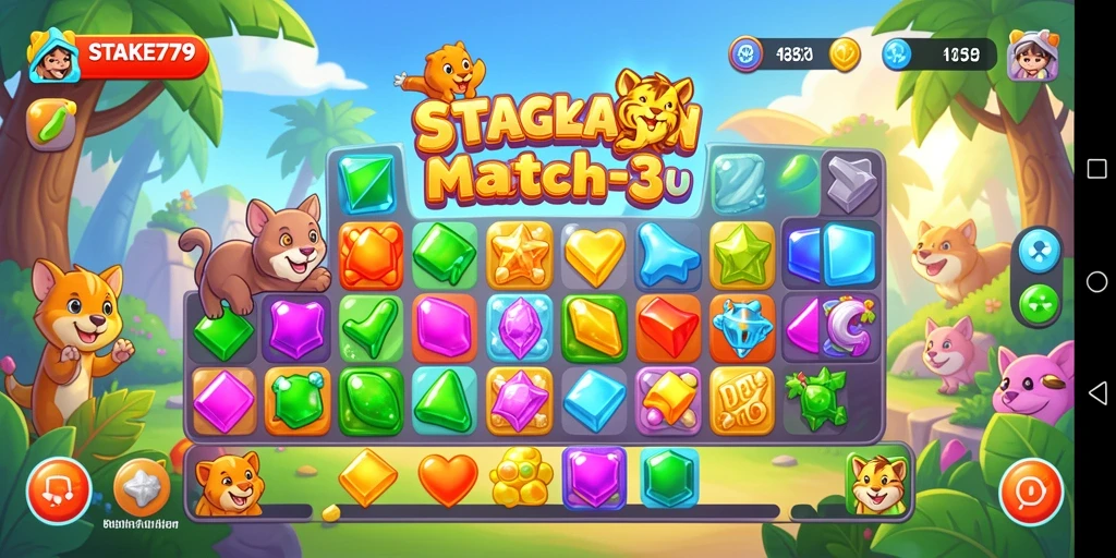 Tampilan gameplay STAKE779 yang penuh warna dan menarik dalam permainan Match-3.